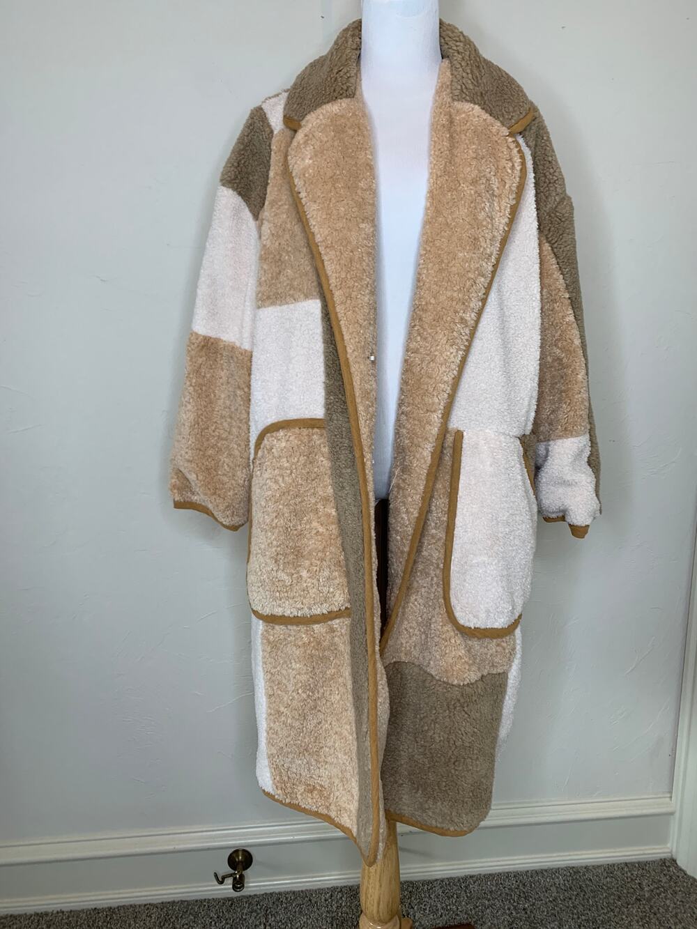 Anthropologie Pilcro Faux Fur Long Patchwork Coat Jacket Sz Small Neutral